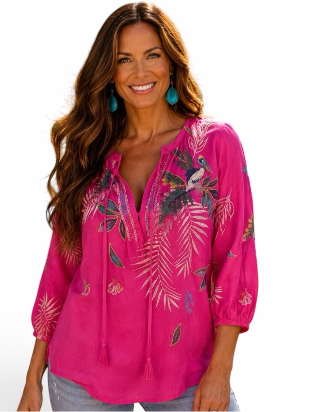 Johnny Was heavily embroidered Kahlúa linen split neck blouse NWT